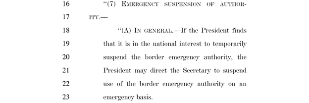 National Security Supplemental provision for president to suspend emergency authority