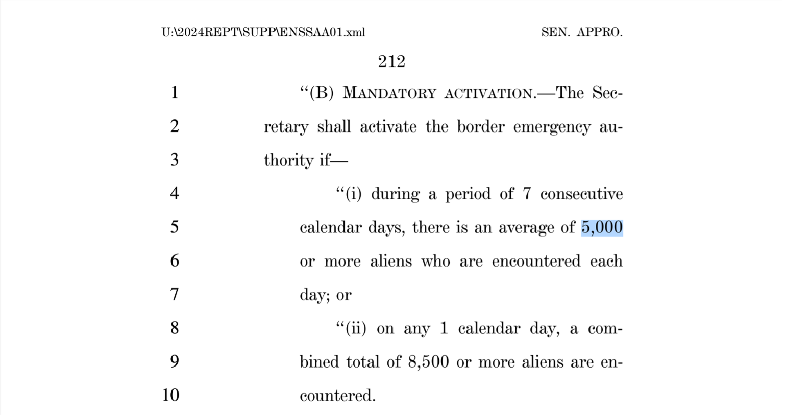 Bill text showing limit of 8,500 migrants allowed per day
