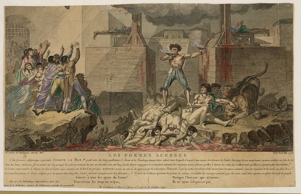 French Revolution print showing decapitated bodies and two guillotines. Library of  Congress. 
