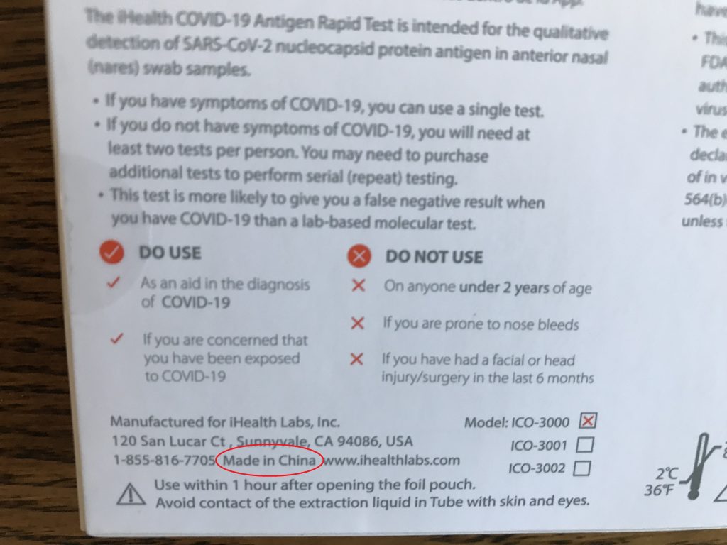 COVID-19 test kit label showing made in China