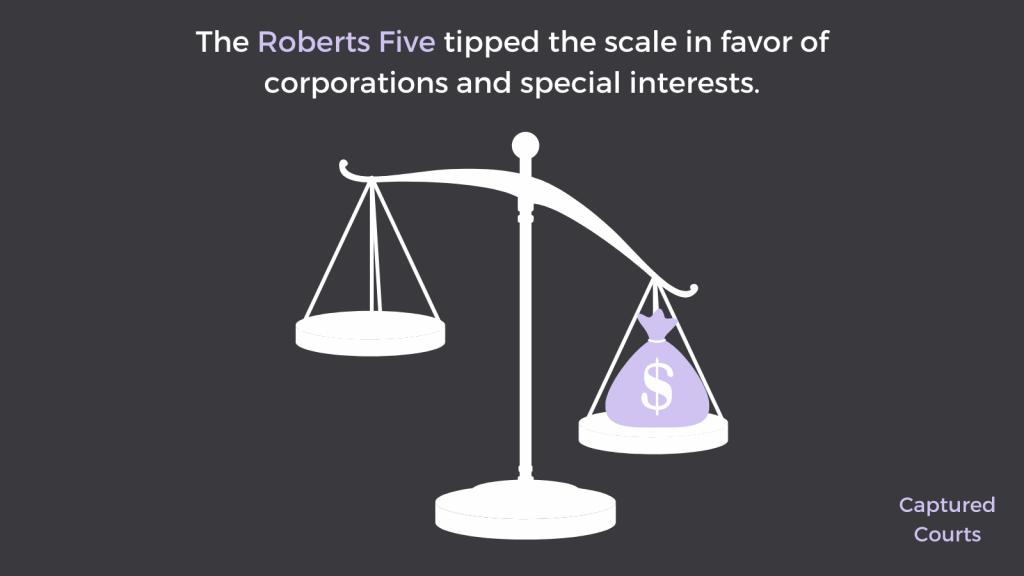 Scale with bag of money and statement "The Roberts Five tipped the scale in favor of corporations and special interests."