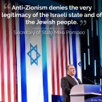 Photo Mike Pompeo at AIPAC Meeting with quote"Anti-Zionism is Anti-Semitism." State Dept./Michael Gross.