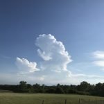 Blue sky with white clouds over green field.