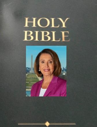 Nancy Pelosi photo superimposed on Bible