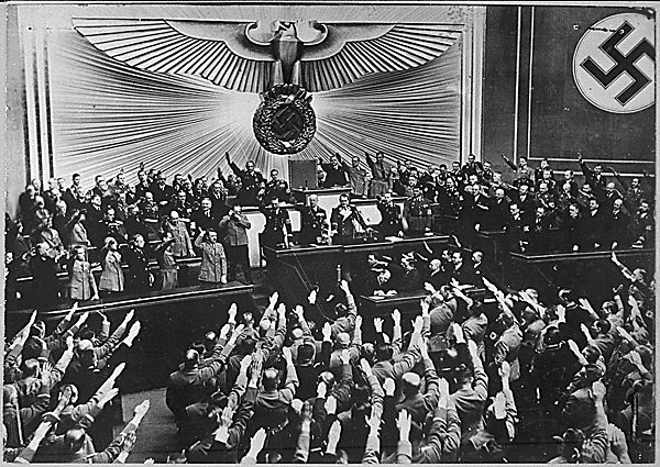 Hitler accepts Reichstag ovation, Berlin, 1938.