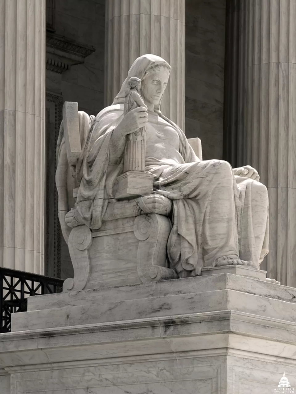 Statue of Contemplation of Justice by James Earle Fraser on the U.S. Supreme Court Building's main steps. Architect of the Capitol.