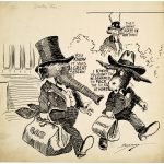 Political cartoon with Republican elephant and Democrat donkey and Uncle Sam in background "They won't agree on anything." Library of Congress.