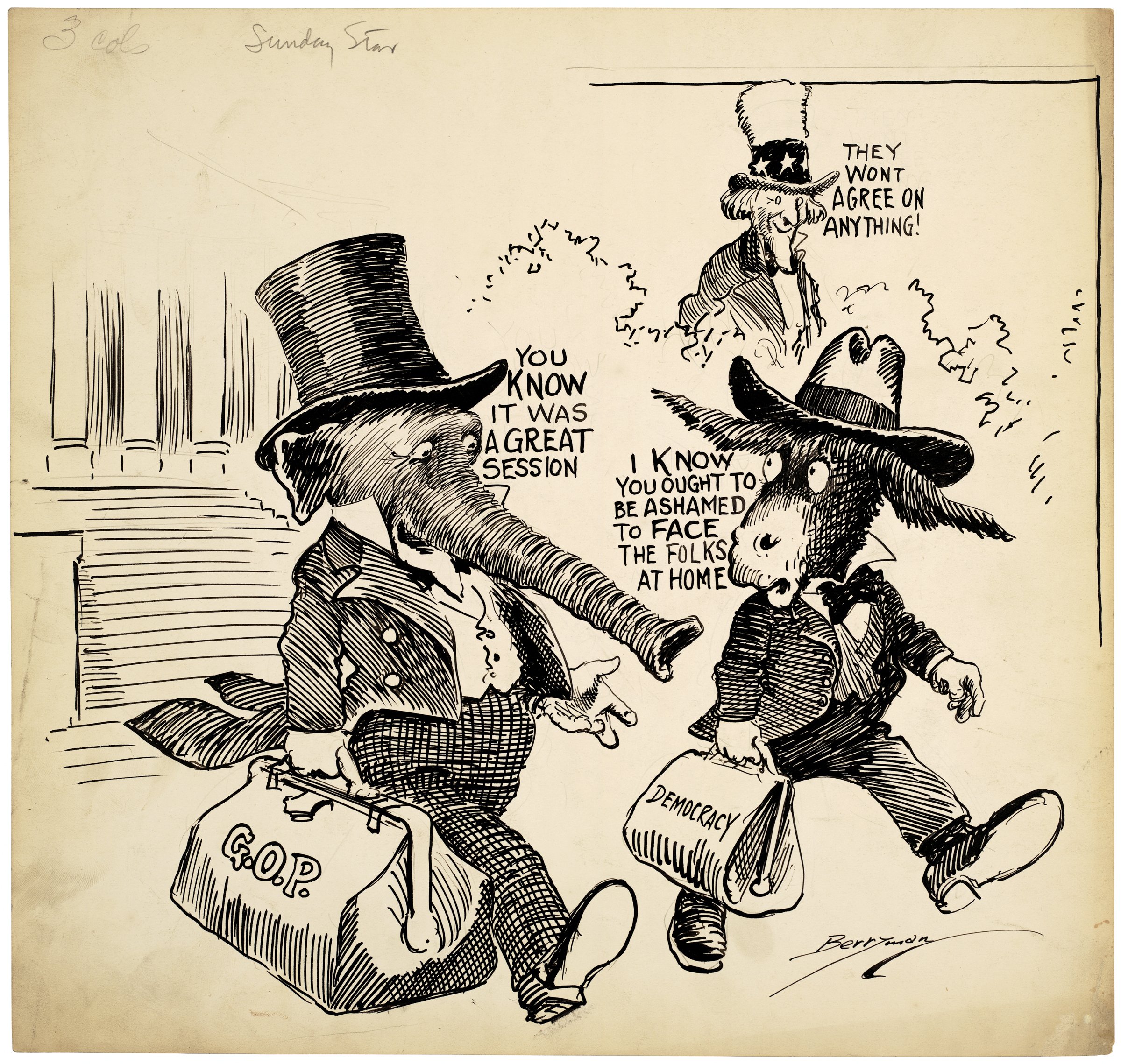 Political cartoon with Republican elephant and Democrat donkey and Uncle Sam in background "They won't agree on anything." Library of Congress.