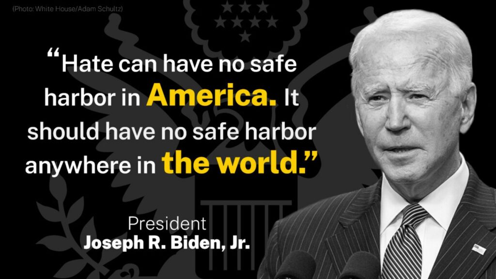 White House graphic of Biden statement "Hate can have no safe harbor in America."