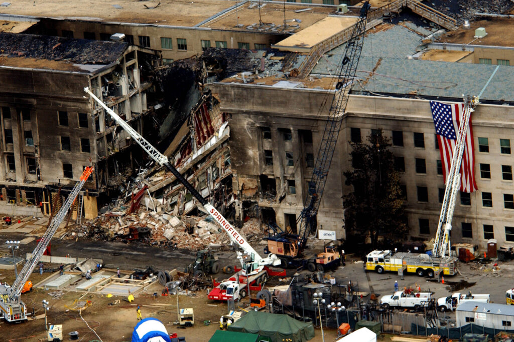 Aerial view of the destruction at the Pentagon caused by a hijacked commercial jet that crashed into the side of the building during the Sept. 11, 2001, terror attacks. Dept. of Defense photo.