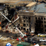 Aerial view of the destruction at the Pentagon caused by a hijacked commercial jet that crashed into the side of the building during the Sept. 11, 2001, terror attacks. Dept. of Defense photo.