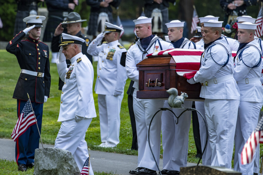 The Navy Ceremonial Guard transports the casket of Hospital Corpsman 3rd Class Maxton W. Soviak, who was killed in the Aug. 26 attack at the Abbey Gate of Hamid Karzai International Airport in Kabul, Afghanistan. Defense.gov photo.