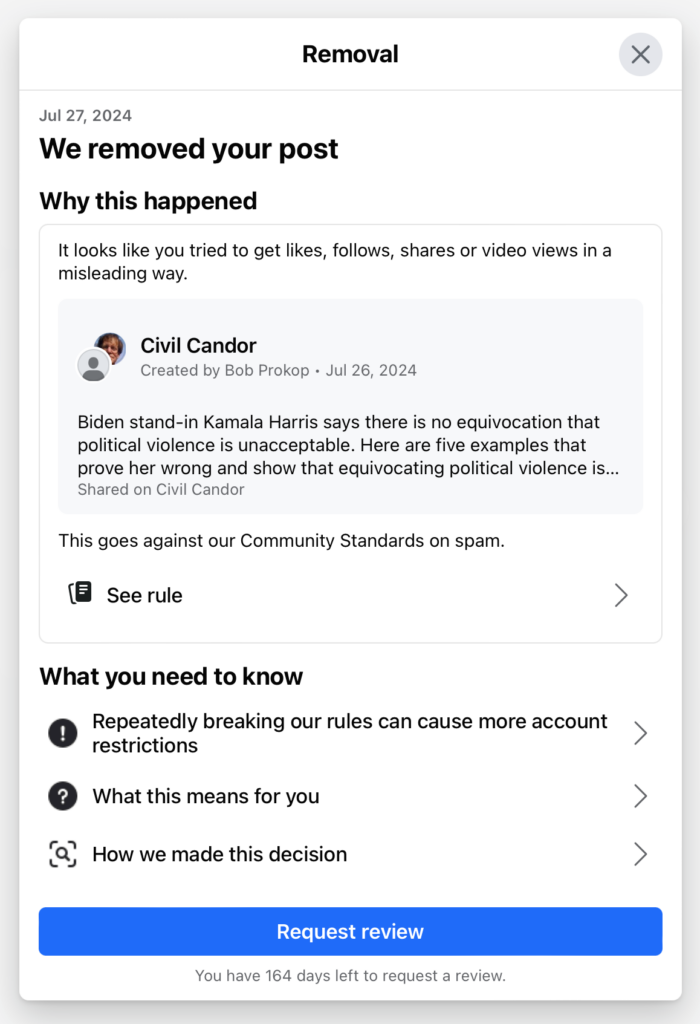 Facebook removal notice of post about Democrats inciting political violence.