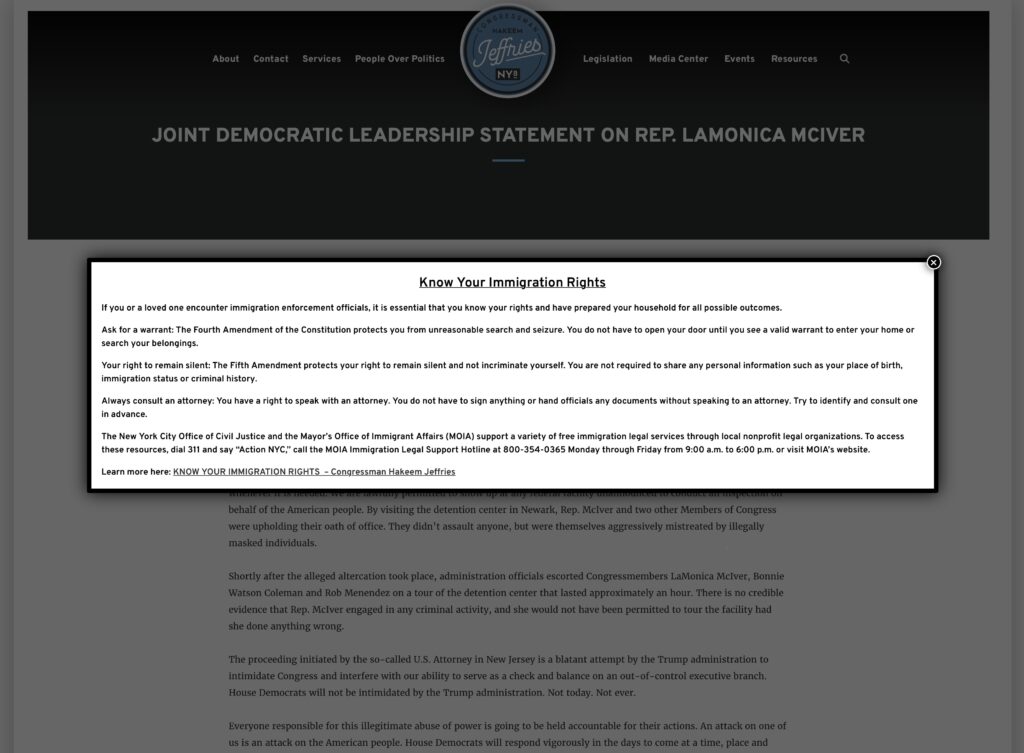 Advice on Hakeem Jeffries website for avoiding ICE